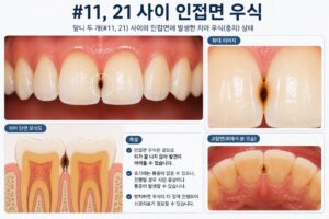위 앞니 #11과 #21 사이에 생기는 인접면 우식의 위치를 설명한 이미지