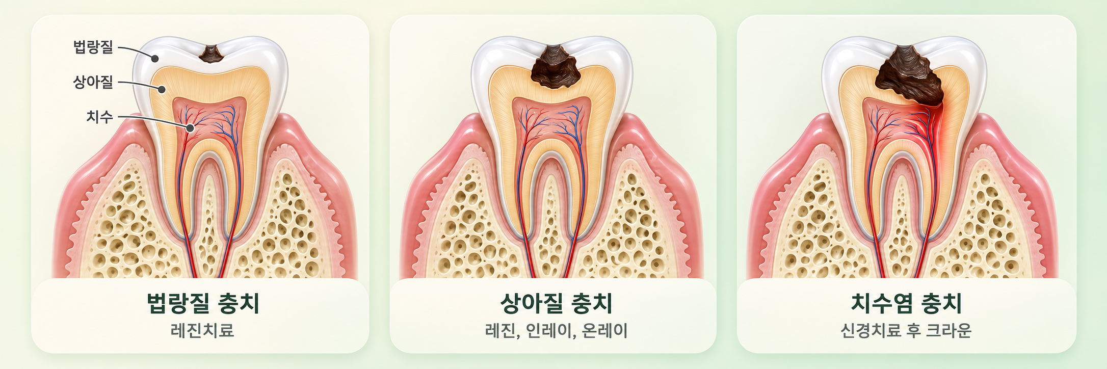 anterior interproximal caries 단계별 진행과 레진 치료 범위를 설명한 이미지
